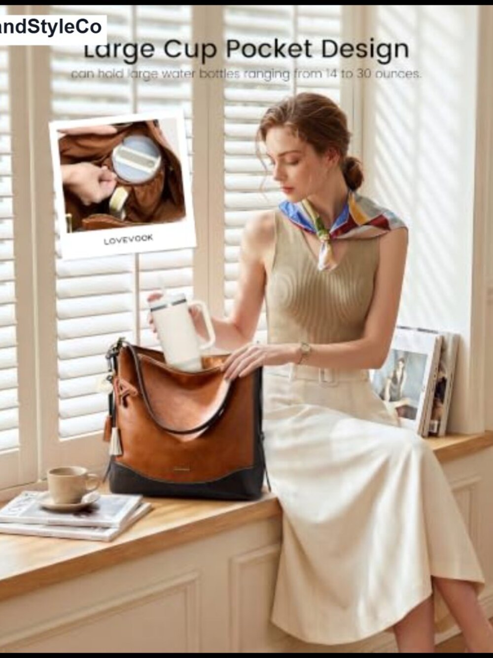 Vegan Leather Hobo Bag with Cup Holder, Adjustable Crossbody Strap - Picture 3 of 6